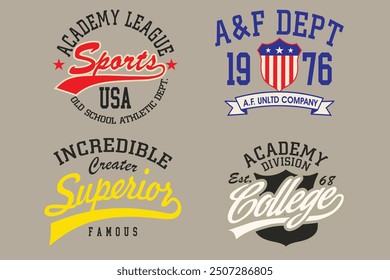 Sport wear typography emblem collection, T-shirt stamp graphic set, skate vintage tee print, athletic apparel design graphic print. Vintage Print for sportswear apparel, Athletic sport labels typograp