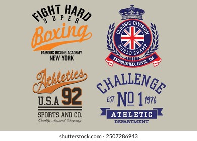 Sport wear typography emblem collection, T-shirt stamp graphic set, skate vintage tee print, athletic apparel design graphic print. Vintage Print for sportswear apparel, Athletic sport labels typograp