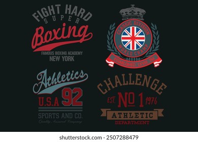 Sport wear typography emblem collection, T-shirt stamp graphic set, skate vintage tee print, athletic apparel design graphic print. Vintage Print for sportswear apparel, Athletic sport labels typograp
