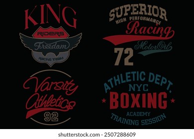 Sport wear typography emblem collection, T-shirt stamp graphic set, skate vintage tee print, athletic apparel design graphic print. Vintage Print for sportswear apparel, Athletic sport labels typograp