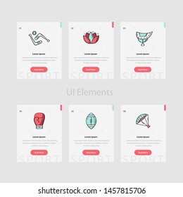 Sport web cards template with text and icon. Website and application cards design templates collection. Ui elements