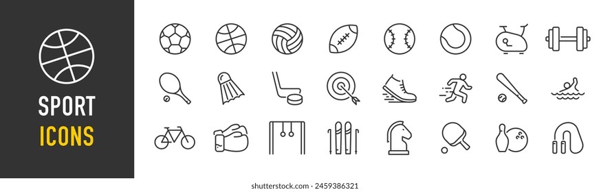 Sport Web-Icons im Linienstil. Fußball, Golf, Gymnastik, Basketball, Volleyball, Kegeln, Schach, Skifahren, Boxen, Tennis, Kollektion. Vektorillustration.