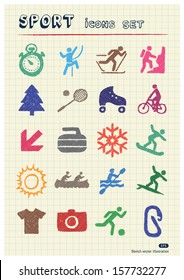 Sport web icons set drawn by color pencils. Hand drawn vector elements pack isolated on paper