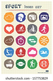 Sport web icons set drawn by chalk. Hand drawn vector elements pack isolated on paper