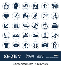 Sport web icons set. Hand drawn sketch illustration isolated on white background