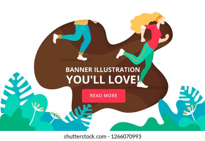 Sport Website landing page banner with exercise people, jogging  woman, run marathon. Healthy life vector site illustration, flat design. Woman doing sports activity. Participation in a charity run