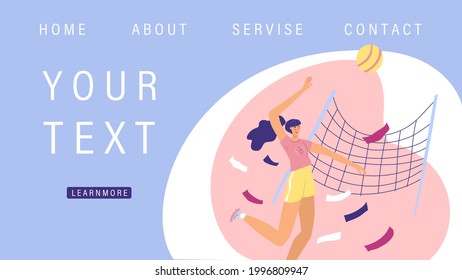 Sport Website template. Girl plays Volleyball. Space for text. Vector illustration. Sport competitions, news, social media design. Team game, player, ball, grid, throw, innings.