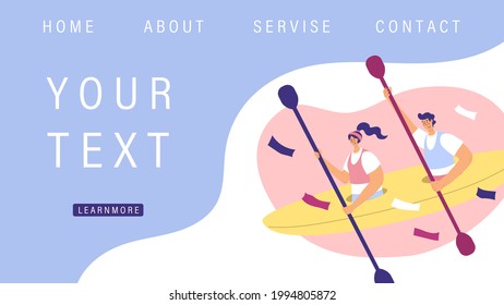 Sport Website template. Space for text. A team of two paddles in a canoe. Vector illustration. Sport competitions, news, social media design. Rowing, water sport, tandem, swimming, rafting. 