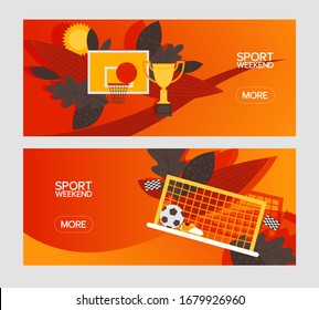 Sport weekend, athletic game in Brazil, design banner, poster, gift card vector illustration. Basketball ring, soccer goal, ball, flag icon. Sporting event in southern America.