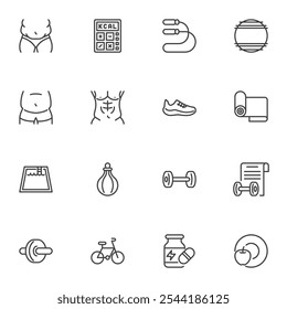 Sport and weight loss line icons set, outline vector symbol collection, linear style pictogram pack. Signs, logo illustration. Set includes icons as diet, healthy lifestyle, obesity, fitness training
