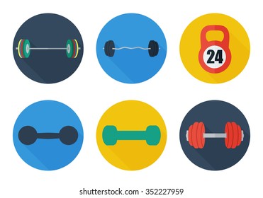 Sport weights icons set flat. Dumbbell, barbell. Bodybuilding fitness training equipment