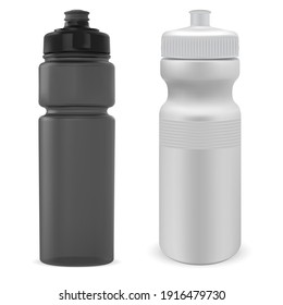 Sport whater bottle. Plastic gym bottle mockup. Bike flask black and white blank template. Reusable nutritional shaker, athletic bodybuilding. Cycling bottle, hiking or yoga, tourism