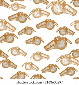 Sport whistle engraving seamless pattern. Vintage background sport topic in hand drawn style. Vector repeated design texture for print, fabric, wrapping, wallpaper, tissue.