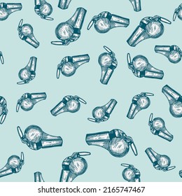Sport whistle engraving seamless pattern. Vintage background sport topic in hand drawn style. Vector repeated design texture for print, fabric, wrapping, wallpaper, tissue.