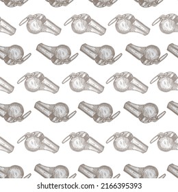 Sport whistle engraving seamless pattern. Vintage background sport topic in hand drawn style. Vector repeated design texture for print, fabric, wrapping, wallpaper, tissue.