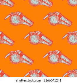 Sport whistle engraving seamless pattern. Vintage background sport topic in hand drawn style. Vector repeated design texture for print, fabric, wrapping, wallpaper, tissue.