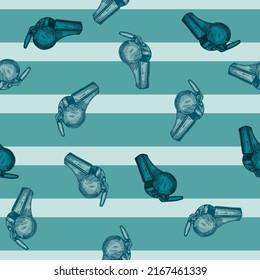 Sport whistle engraving seamless pattern. Vintage background sport topic in hand drawn style. Vector repeated design texture for print, fabric, wrapping, wallpaper, tissue.