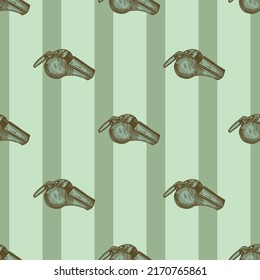 Sport whistle engraving seamless pattern. Vintage background sport topic in hand drawn style. Vector repeated design texture for print, fabric, wrapping, wallpaper, tissue.