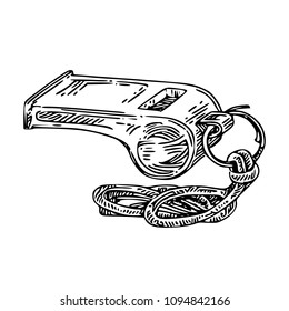 Sport whistle. Engraving style. Vector illustration.