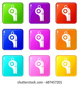 Sport whistle icons of 9 color set isolated vector illustration