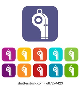 Sport whistle icons set vector illustration in flat style in colors red, blue, green, and other