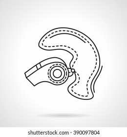 Sport whistle with lace. Referee symbol. Sport judge accessories. Flat line style vector icon. Single design element for website, business.