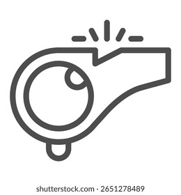 Ícone de linha de apito de esporte, conceito de esporte. Gráficos vetoriais. Ferramenta apito árbitro, sinal de acessório no fundo branco, ícone de estilo de contorno para design móvel ou web