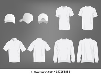 Sport white t-shirt, sweater, polo shirt and baseball cap isolated set vector