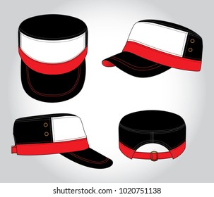 Sport White-Black-Red Military Cadet Cap With Slider Buckle Strap Design On Gray Backgroun