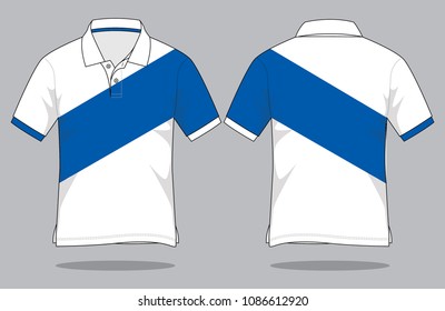 Sport White-Blue Short Sleeve Polo Shirt Design on Gray Background.Front and Back View, Vector File