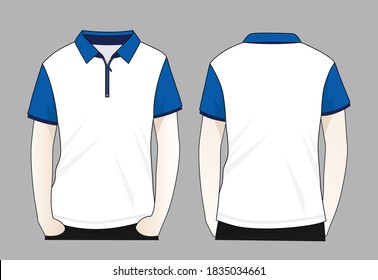 Sport White-Blue Short Sleeve Polo Shirt with Zip Placket Design on Gray Background. Front and Back Views, Vector File.