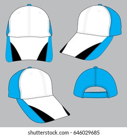 Sport White-Blue-Black Baseball Cap With Trim Style and Strap Back With Hook and Loop Fastener Strap Design on Gray Background, Vector File.