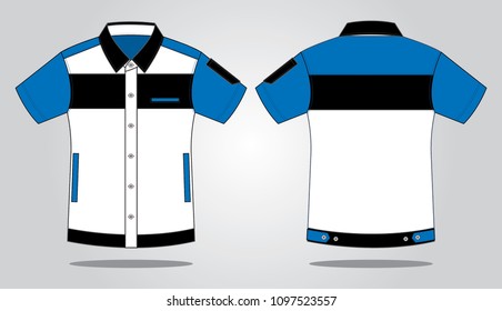 Sport White-Blue-Black Short Sleeve Technician Shirt With Three Pockets, Pen Holder Design Vector.Front and Back View.