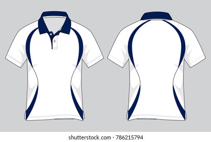 Sport White-Navy Blue Short Sleeve Polo Shirt Design on Gray Background. Front and Back Views, Vector File.