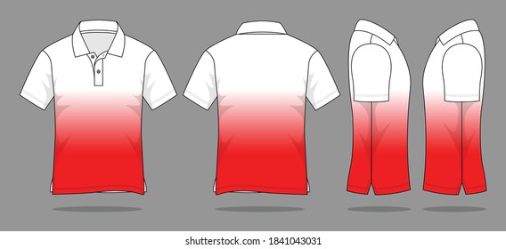 Sport White-Red Short Sleeve Polo Shirt With Gradient Sublimation Printing Design on Gray Background. Front, Back, and Side View, Vector File