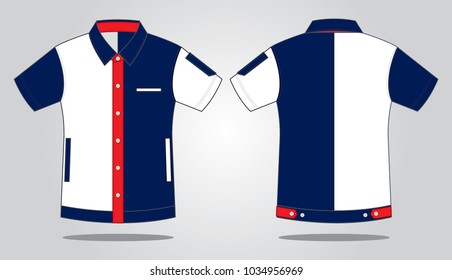 Sport White-Red-Navy Technician Shirt and Three Pockets, Pen Holder Design Vector.Front and Back View.