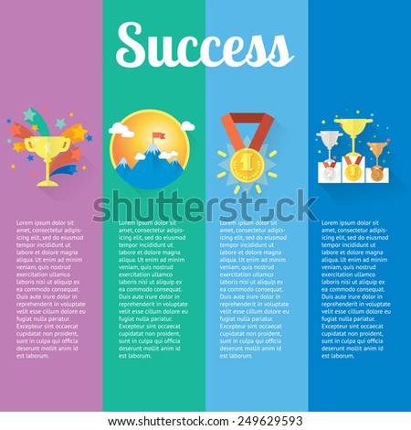 Sport winner concept flat of four vertical banners of gym, healthy food, metrics. Modern vector icons and illustrations in flat style