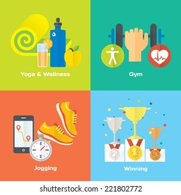 Sport winner concept flat icons of gym, healthy food, metrics. Isolated vector illustration and modern design element