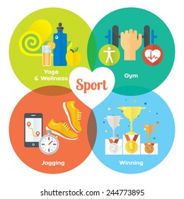 Sport winner concept flat icons of gym, healthy food, metrics. Isolated vector illustration and modern design element