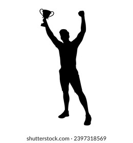 Sport winner holding a winning trophy, happy man with trophy cup silhouette