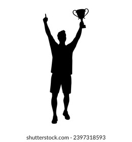 Sport winner holding a winning trophy, happy man with trophy cup silhouette