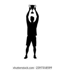 Sport winner holding a winning trophy, happy man with trophy cup silhouette