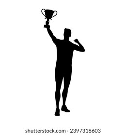 Sport winner holding a winning trophy, happy man with trophy cup silhouette