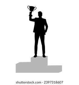 Sport winner holding a winning trophy, happy man with trophy cup silhouette