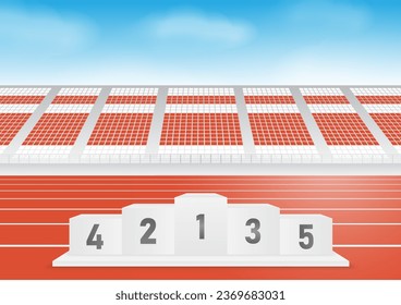 Sport Winner Podium for Five Places on Running Track or Athlete Track in Stadium.  Pedestal Sport Podiums. Podium Winner Stand. Vector Illustration.