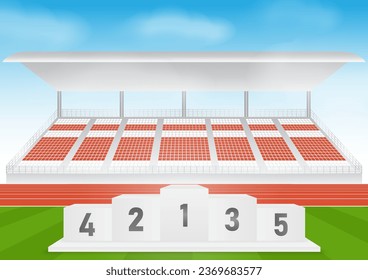 Sport Winner Podium for Five Places on Soccer Field and Running Track in Stadium.  Pedestal Sport Podiums. Podium Winner Stand. Vector Illustration.