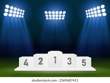 Sport Winner Podium for Five Places on Soccer Field With Spotlights in Stadium or Sport Arena. Pedestal Sport Podiums. Podium Winner Stand. Vector Illustration.