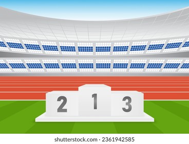 Sport Winner Podium on Running Track or Athlete Track in Stadium.  Pedestal Sport Podiums. Podium Winner Stand. Vector Illustration.