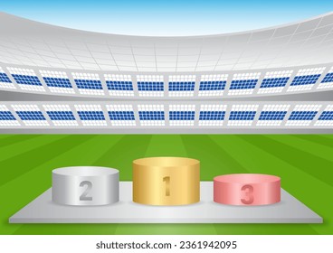 Sport Winner Podium on Soccer Field in Stadium or Sport Arena.  Pedestal Sport Podiums. Podium Winner Stand. Vector Illustration.