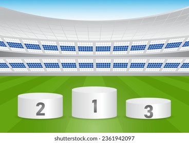 Sport Winner Podium on Soccer Field in Stadium or Sport Arena.  Pedestal Sport Podiums. Podium Winner Stand. Vector Illustration.